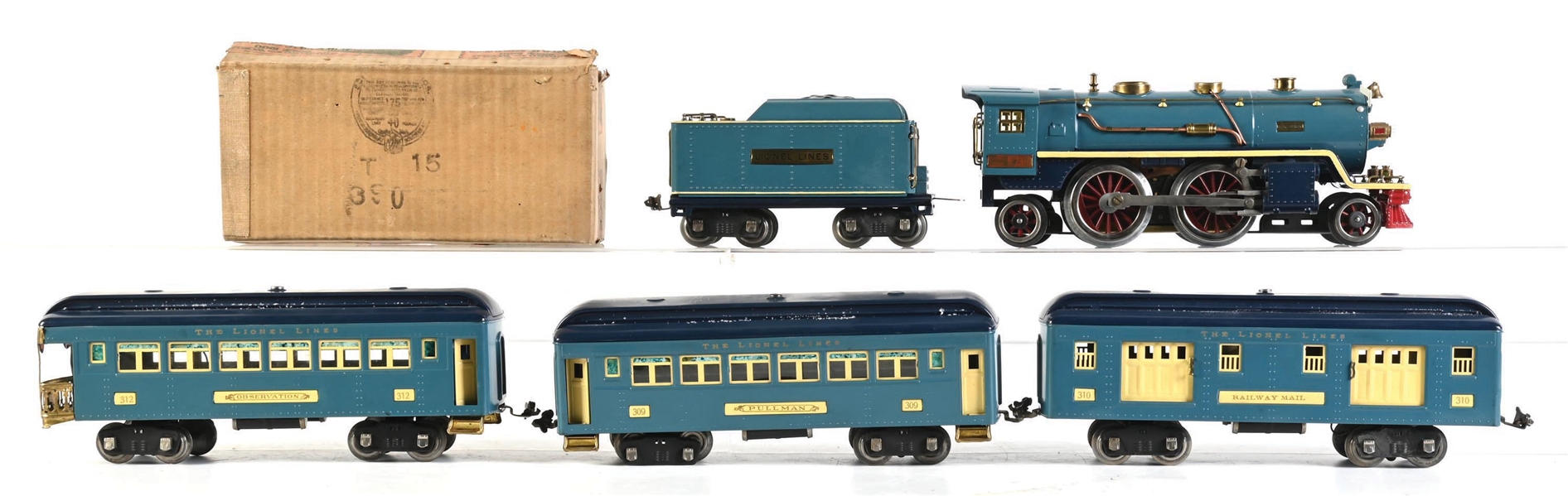 SET OF 5: LIONEL STANDARD GAUGE NO. 390-E TRAIN ENGINE W/ TENDER AND ASSORTED CARS