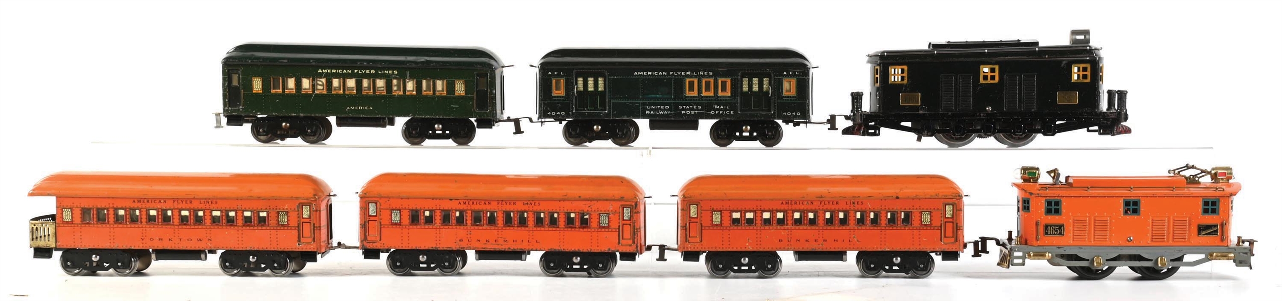 LOT OF 7:  AMERICAN FLYER STD-GA. TRAIN SETS, LOCOS NO. 4000 & 4654 W/ PASSENGER CARS