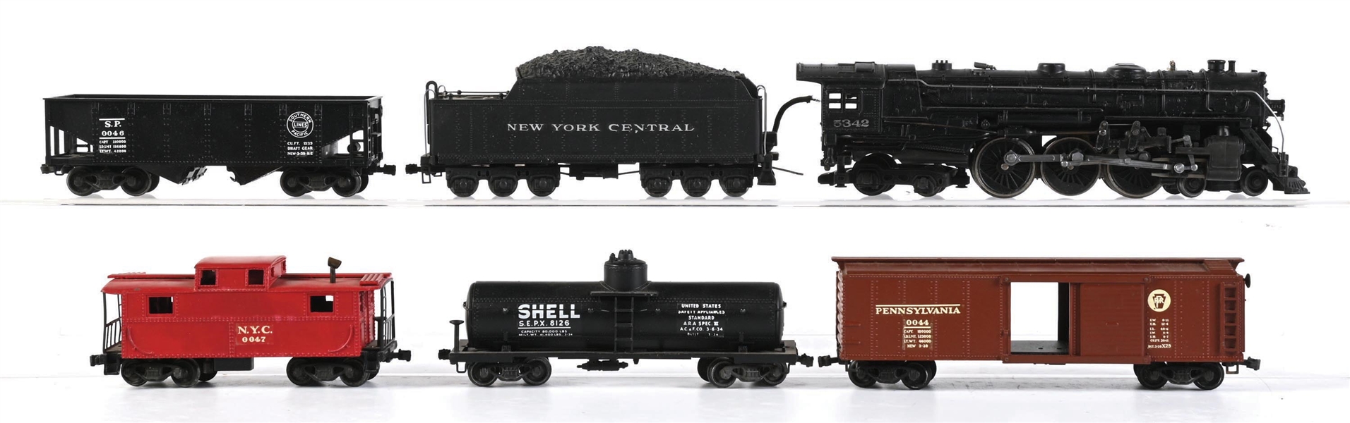 LOT OF 6: LIONEL 00 GAUGE STEAM LOCO 5342 W/ TENDER AND FREIGHT CARS