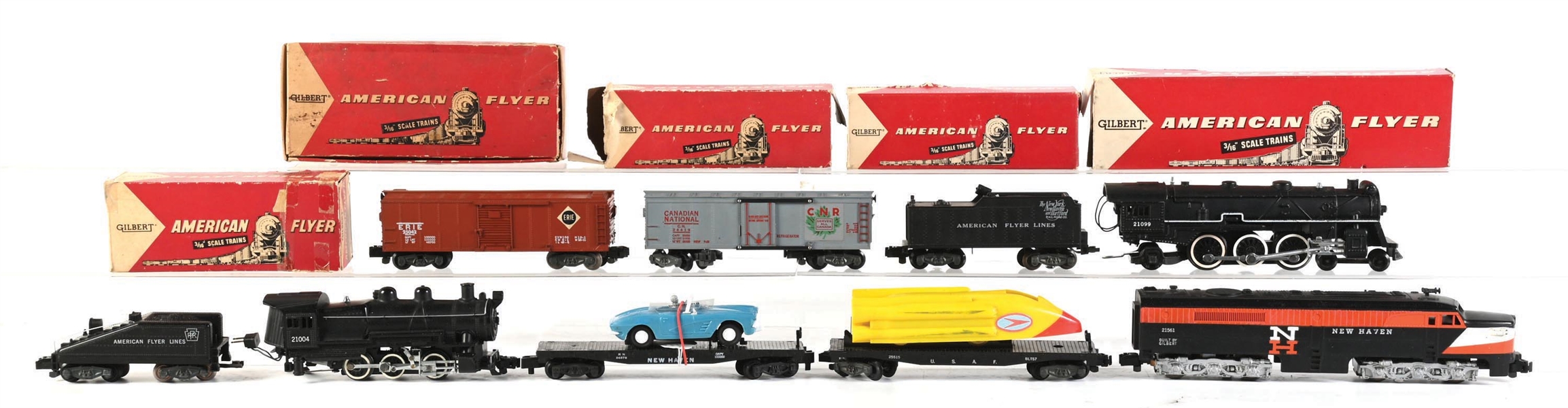 LOT OF 9: GROUPING OF GILBERT AMERICAN FLYER S-GA. LOCOMOTIVES AND FREIGHT CARS