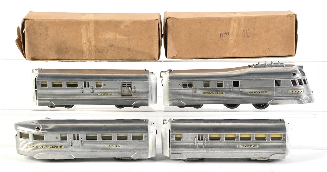 PRE-WAR AMERICAN FLYER O-GA. NO. 9900 BURLINGTON ZEPHYR PASSENGER SET