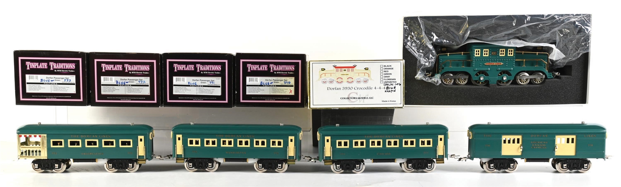 LOT OF 2: STANDARD GA. COLLECTORS MODELS DORFAN CROCODILE LOCOMOTIVE AND MTH TINPLATE DORFAN 4-CAR PASSENGER SET IN CUSTOM PAINT