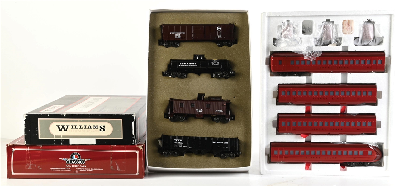 LOT OF 2: O-GA. LIONEL CLASSICS RAIL CHIEF CARS AND WILLIAMS FREIGHT CAR SET