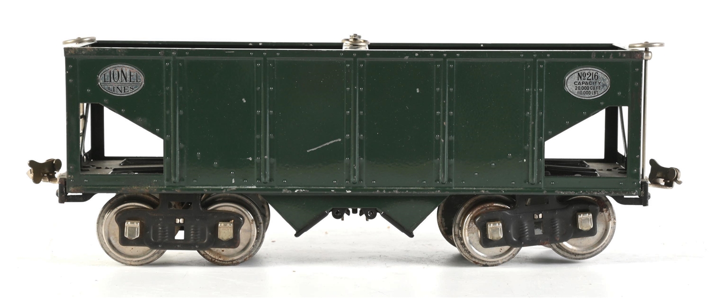 PRE-WAR LIONEL STANDARD GA. NO. 216 HOPPER CAR IN DARK GREEN WITH NICKEL PLATES