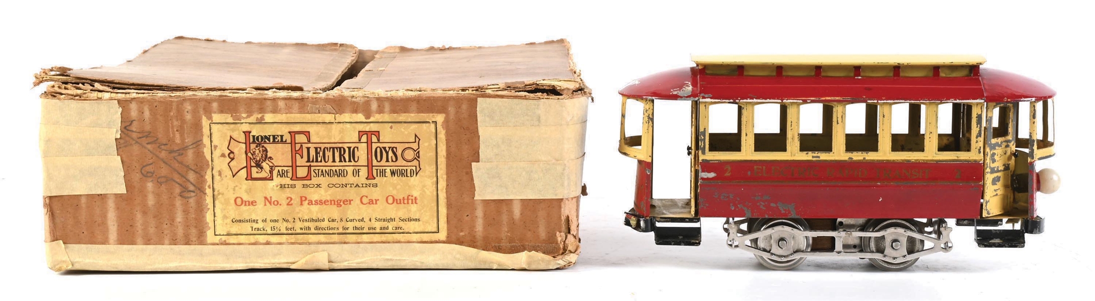 LIONEL MANUFACTURING CORPORATION STANDARD GA. NO. 2 ELECTRIC RAPID TRANSIT PASSENGER CAR TROLLEY OUTFIT 