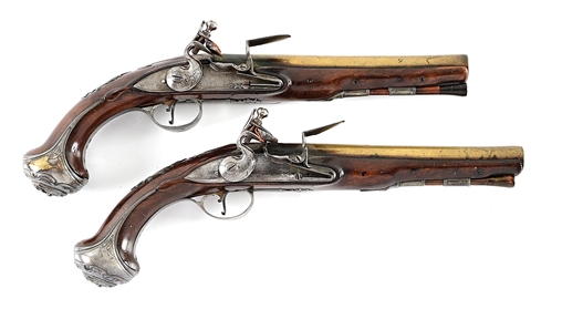 (A) FINE PAIR OF DOCUMENTED SILVER MOUNTED BRITISH OFFICERS PISTOLS BY RICHARD WILSON.