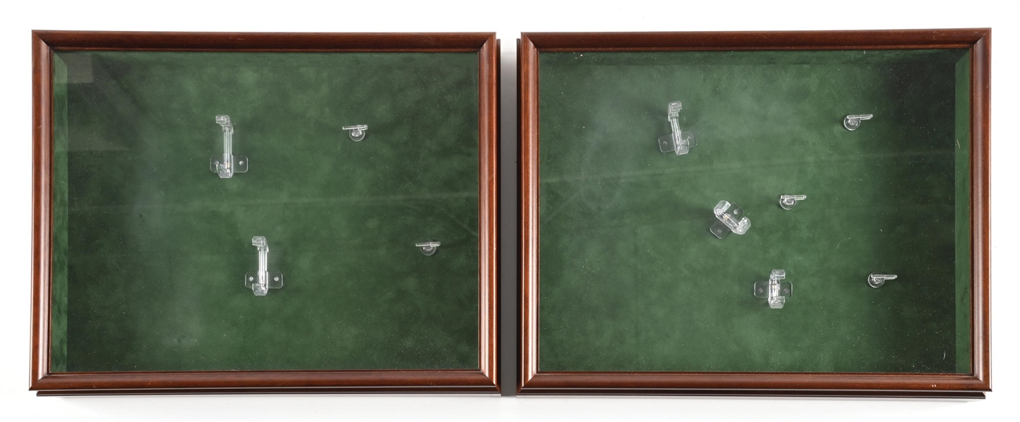 LOT OF 2: WALNUT WALL HANGING HANDGUN DISPLAY CASES.