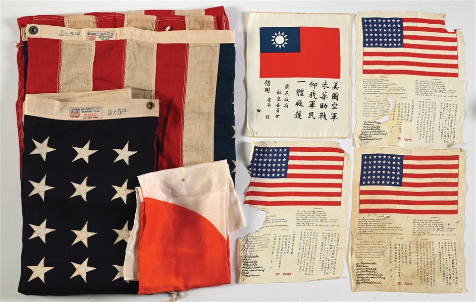 LOT OF US WWII FLAGS AND BLOOD CHITS.