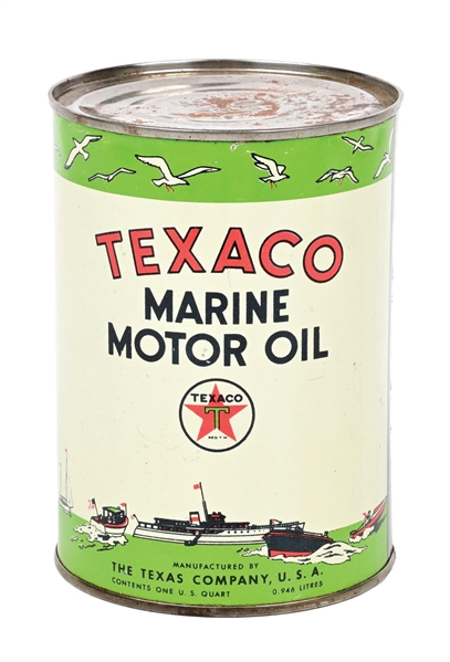 TEXACO MARINE MOTOR OIL ONE QUART OIL CAN W/ BOAT GRAPHICS