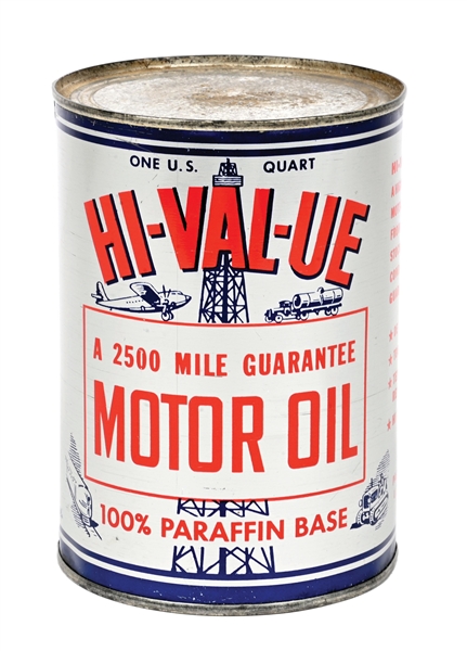 HI-VAL-UE MOTOR OIL ONE QUART CAN W/ AIRPLANE, TRUCK, TRAIN & TRACTOR GRAPHIC. 