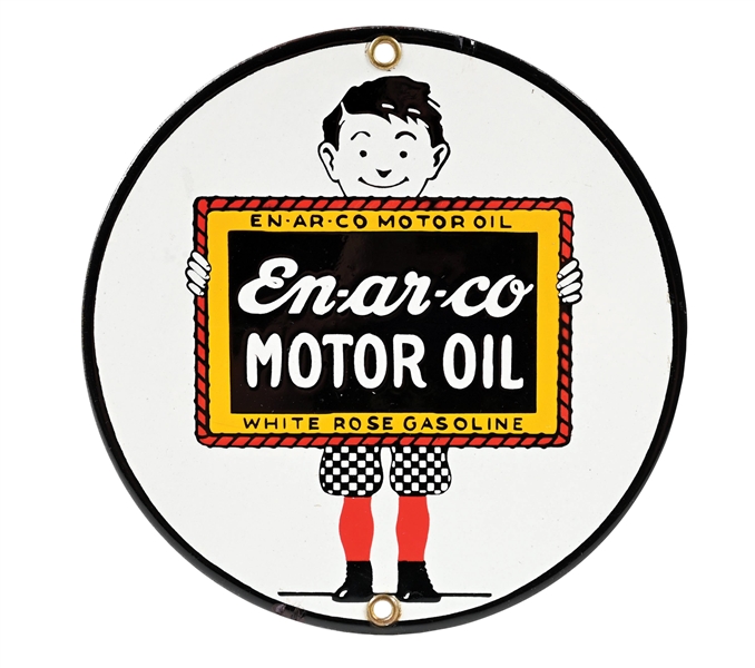 OUTSTANDING EN-AR-CO MOTOR OIL PORCELAIN SIGN W/ SLATEBOY GRAPHIC. 