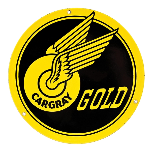 N.O.S. CARGRAY GOLD GASOLINE PORCELAIN PUMP PLATE SIGN