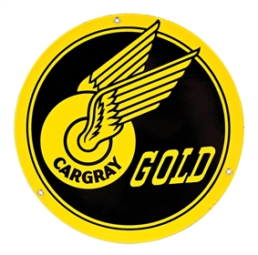 N.O.S. CARGRAY GOLD GASOLINE PORCELAIN PUMP PLATE SIGN
