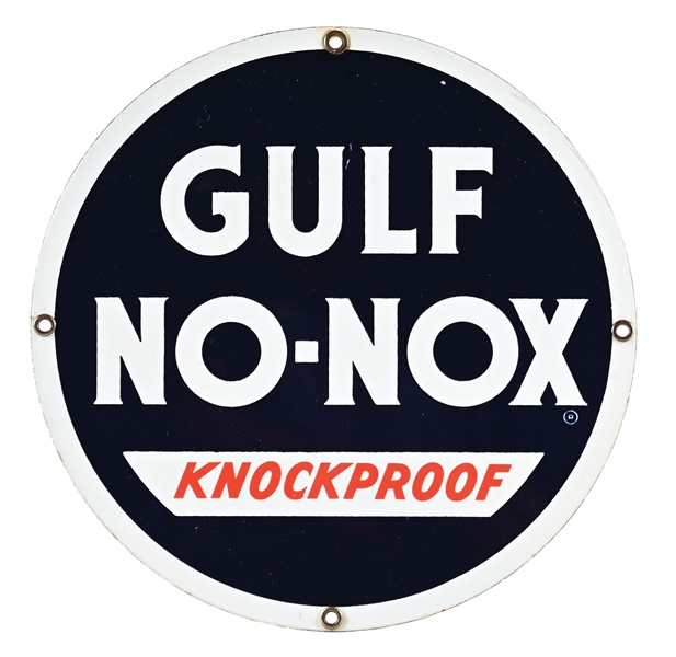GULF NO-NOX KNOCKPROOF GASOLINE PORCELAIN PUMP PLATE SIGN