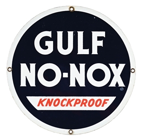 GULF NO-NOX KNOCKPROOF GASOLINE PORCELAIN PUMP PLATE SIGN