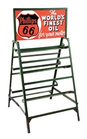 PHILLIPS 66 THE WORLDS FINEST OIL PORCELAIN SIGN W/ ORIGINAL DISPLAY RACK