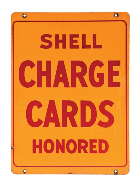 SHELL CHARGE CARDS HONORED PORCELAIN SERVICE STATION SIGN