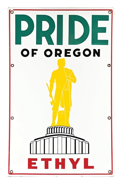 RARE PRIDE OF OREGON ETHYL GASOLINE PORCELAIN PUMP PLATE SIGN