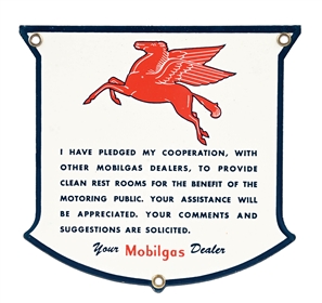 OUTSTANDING MOBILGAS DEALER CLEAN REST ROOMS PLEDGE PORCELAIN SHIELD SIGN