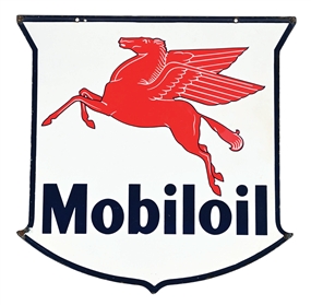 OUTSTANDING MOBILOIL "MINI" PORCELAIN SHIELD SIGN WITH PEGASUS GRAPHIC