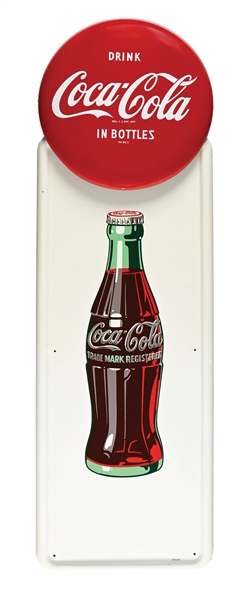OUTSTANDING COCA-COLA TWO-PIECE TIN PILASTER SIGN W/ BOTTLE GRAPHIC