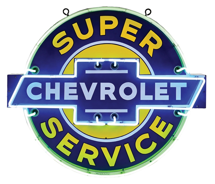 OUTSTANDING CHEVROLET SUPER SERVICE STATION PORCELAIN NEON SIGN.