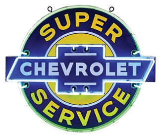 OUTSTANDING CHEVROLET SUPER SERVICE STATION PORCELAIN NEON SIGN.