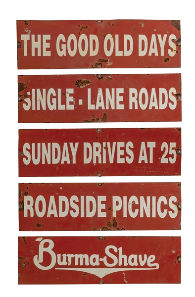EXTREMELY RARE AND ORIGINAL SET OF BURMA-SHAVE SIGNS ON STEEL