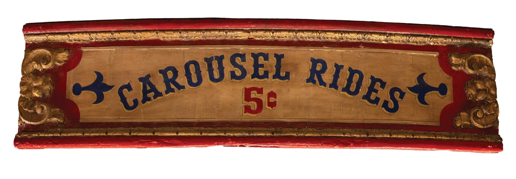 "CAROUSEL RIDES 5¢" LARGE HAND PAINTED WOOD SIGN
