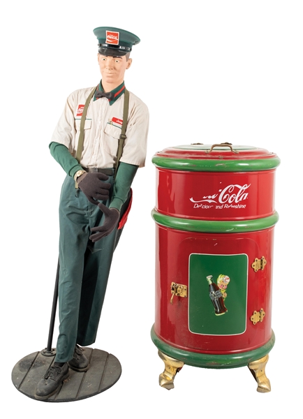 EARLY CYLINDRICAL ICEBOX RESTORED IN COCA-COLA MOTIF W/ COCA-COLA UNIFORMED MANNEQUIN