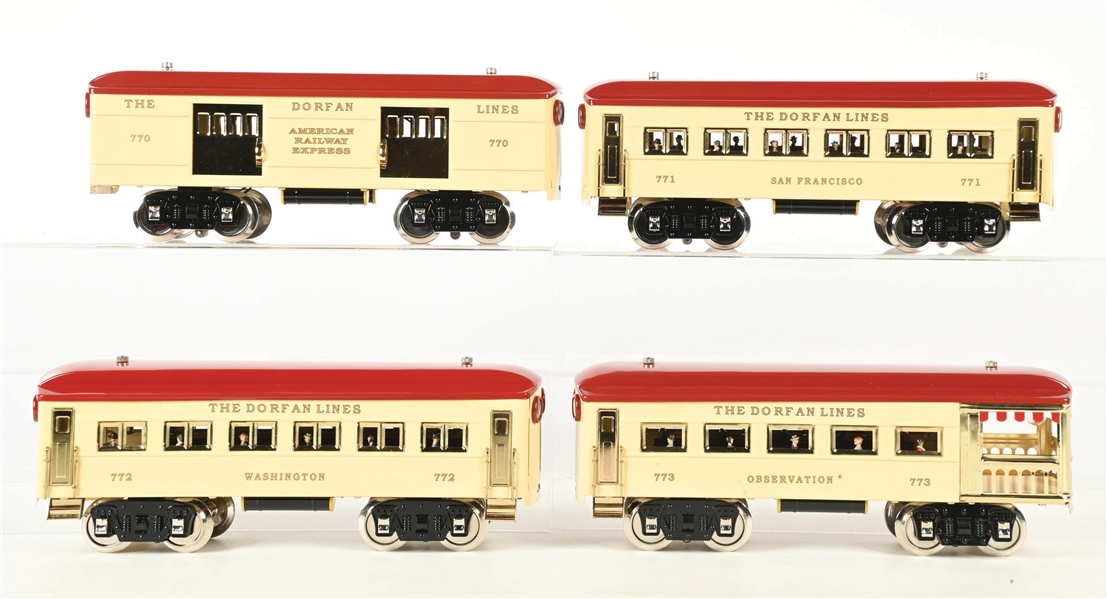 MTH TIN PLATE TRADITIONS STANDARD GAUGE REPRODUCTION DORFAN FOUR CAR PASSENGER SET