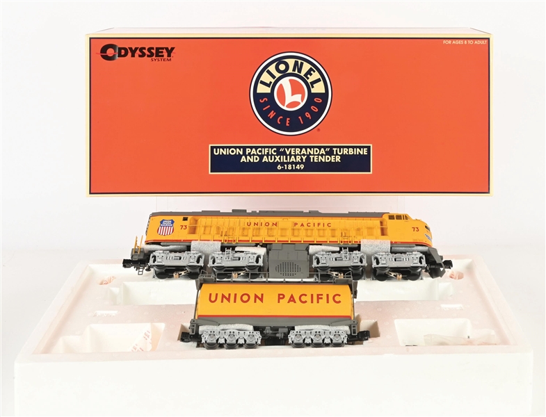 LIONEL MODERN ERA O. GAUGE NO. 6-18149 UNION PACIFIC VERANDA TURBINE LOCOMOTIVE AND AUXILARY TENDER