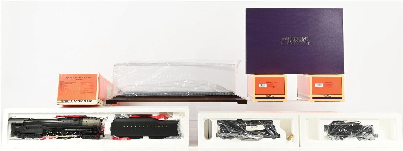 LIONEL O. GAUGE PENNSYLVANIA TURBINE LOCOMOTIVE, NO. 726 BERKSHIRE STEAM LOCOMOTIVE, AND DISPLAY CASE