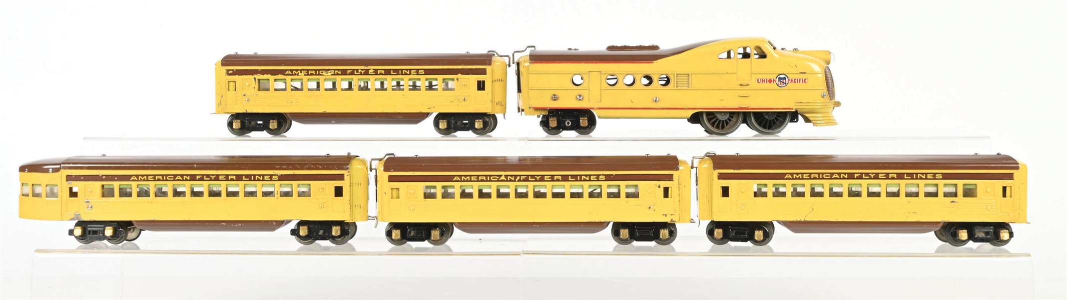 AMERICAN FLYER PREWAR O. GAUGE UNION PACIFIC CITY OF DENVER FIVE UNIT STREAMLINE PASSENGER SET