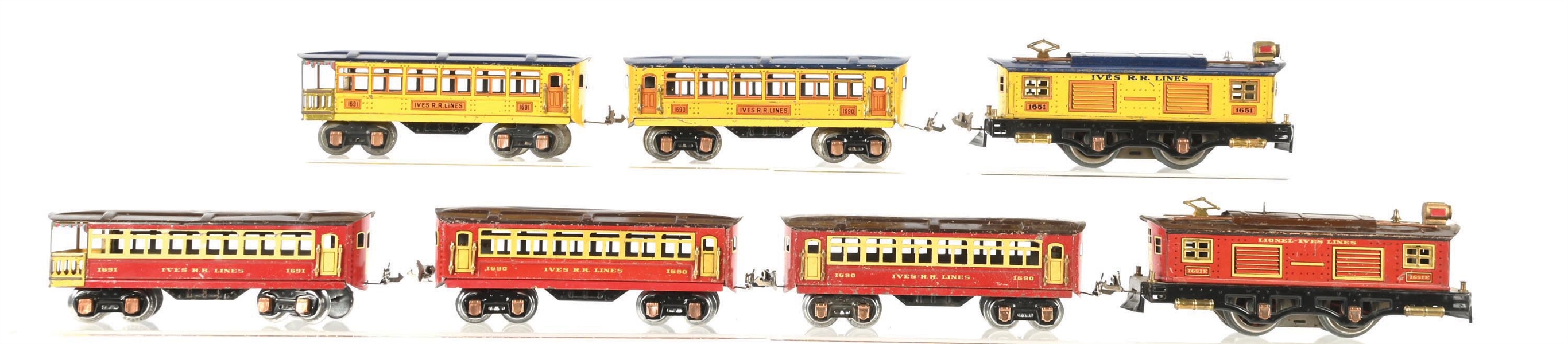 LOT OF 4: 2 IVES PREWAR O. GAUGE NO. 1651 AND NO. 1651 E TIN LITHO PASSENGER SETS
