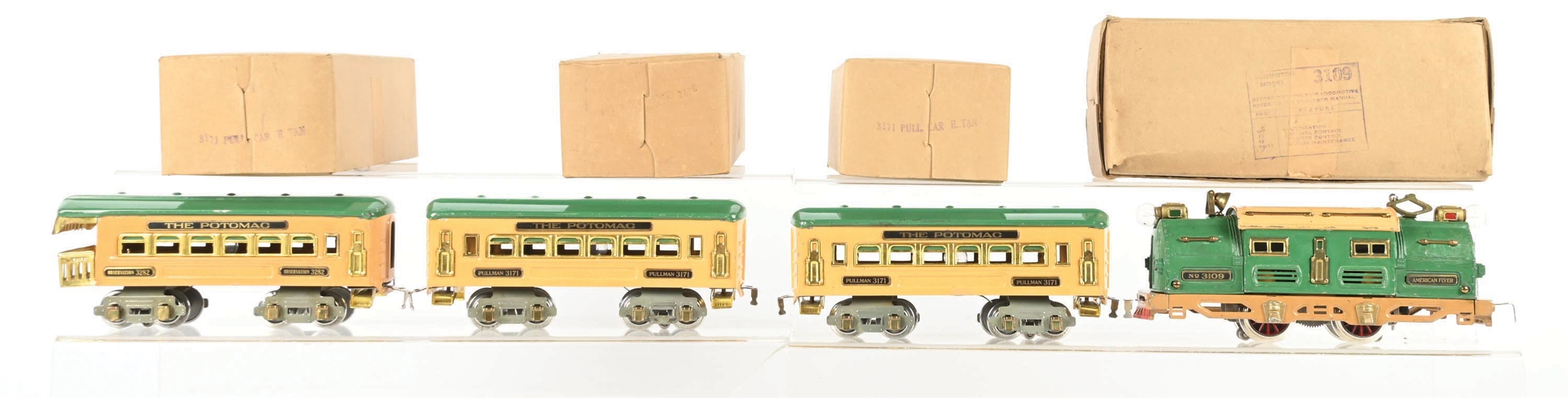 AMERICAN FLYER PREWAR O. GAUGE ELECTRIC LOCOMOTIVE NO. 3109 WITH POTOMAC THREE CAR PASSENGER SET