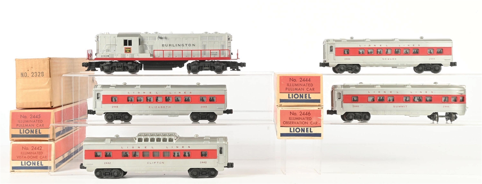 LIONEL POSTWAR O. GAUGE NO. 2328 BURLINGTON DIESEL PASSENGER SET WITH ORIGINAL BOXES