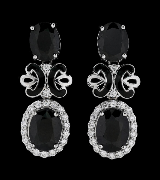 18K WHITE GOLD SAPPHIRE & DIAMOND EARRINGS W/REPORT