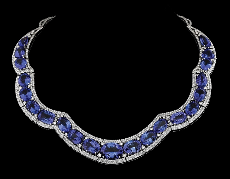 14K WHITE GOLD 121.44CT TW TANZANITE & DIAMOND NECKLACE W/REPORT