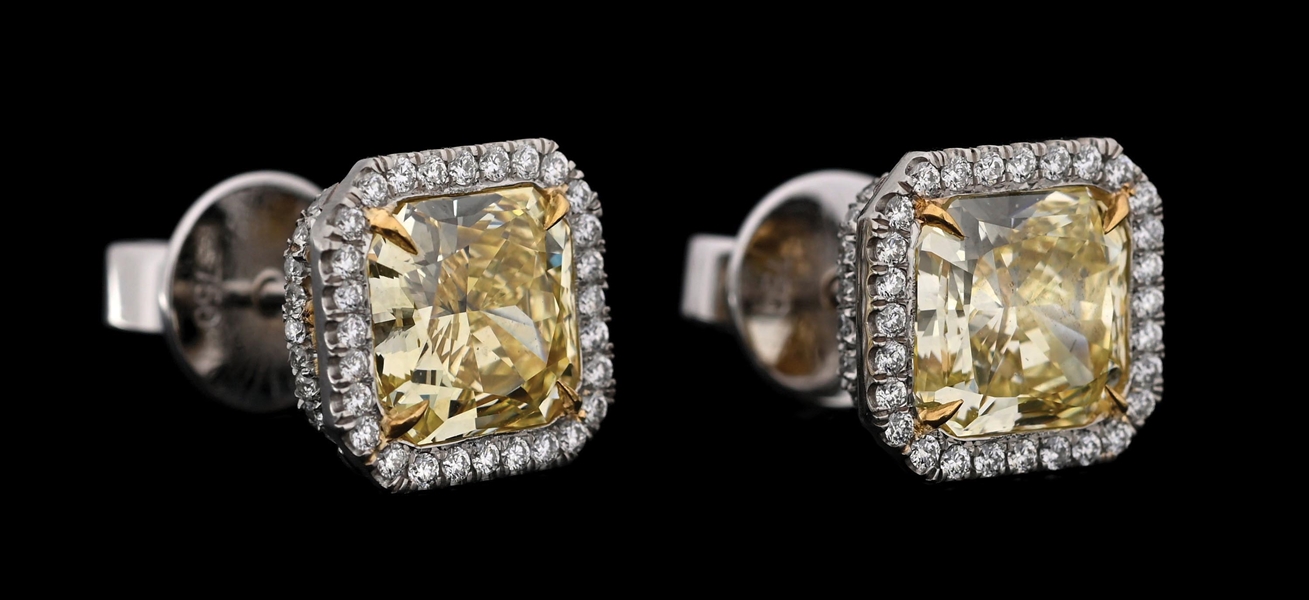 18K WHITE GOLD 5.67CT TW FANCY YELLOW DIAMOND EARRINGS W/GIA REPORTS