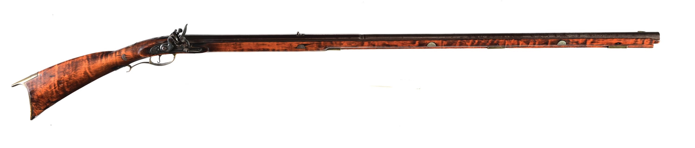 (A) "J S" SIGNED FLINTLOCK KENTUCKY RIFLE WITH SILVER INLAYS.