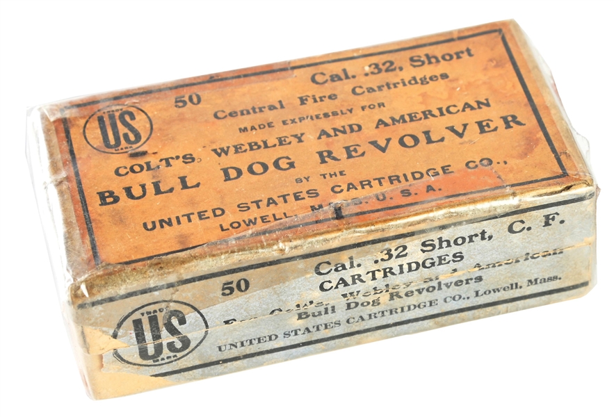 US CARTRIDGE CO. FULL BOX OF .32 SHORT CF  BULL DOG AMMUNITION.