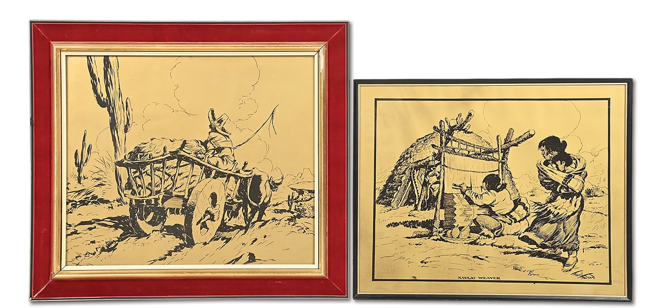 LOT OF 2: FRED HARMAN (1902-1982) ETCHINGS ON GOLD-BACKED VELLUM SHEET