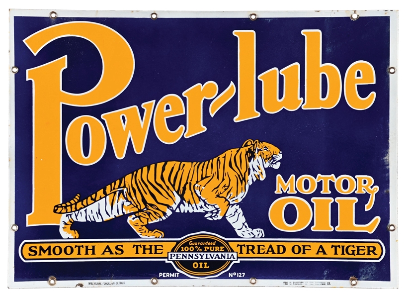 OUTSTANDING POWERLUBE MOTOR OIL "SMOOTH AS THE TREAD OF A TIGER" DOUBLE SIDED PORCELAIN SIGN