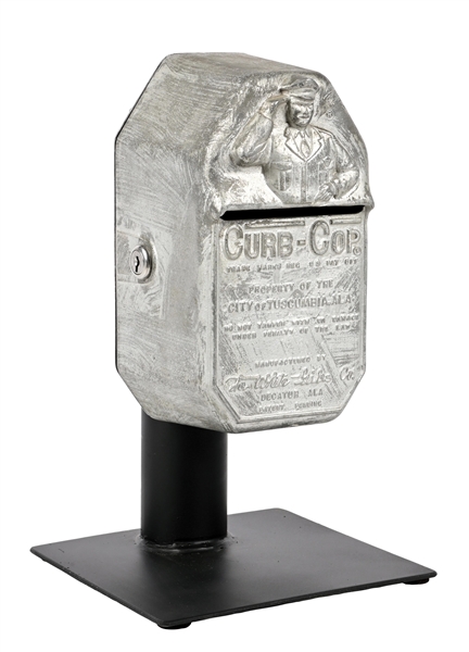 CURB-COP N.O.S. PARKING METER CAST METAL COIN BOX ON CUSTOM METAL STAND. 