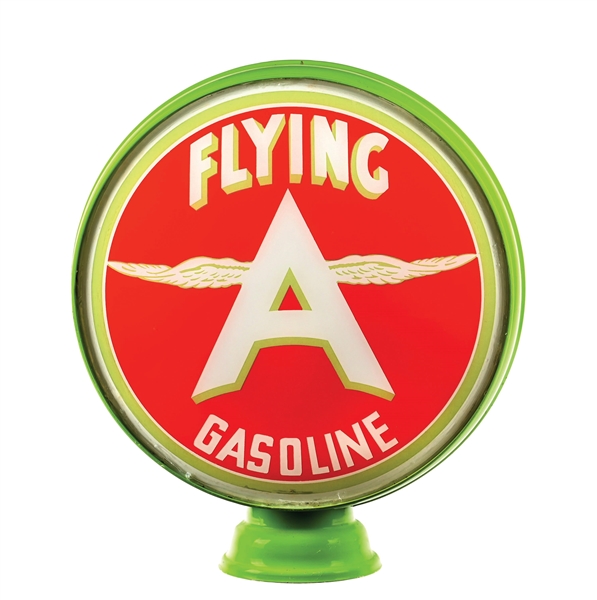 RARE ASSOCIATED FLYING A GASOLINE SINGLE 15" GLOBE LENS ON LOW PROFILE METAL BODY. 