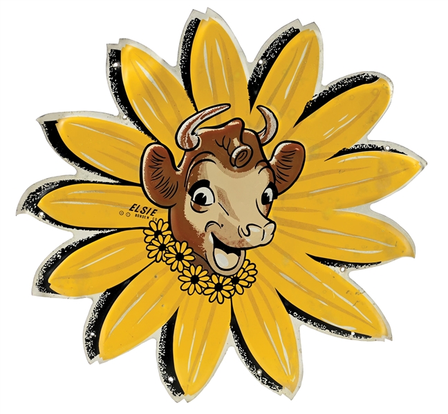 BORDEN DAIRY PRODUCTS DIE CUT TIN SUNFLOWER SIGN WITH ELSIE COW GRAPHIC