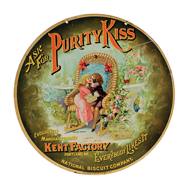 ASK FOR PURITY KISS TIN LITHO SIGN W/ HANGING CHAIN. 