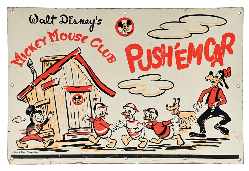WALT DISNEYS MICKEY MOUSE CLUB PUSH EM CAR PAINTED MASONITE SIGN