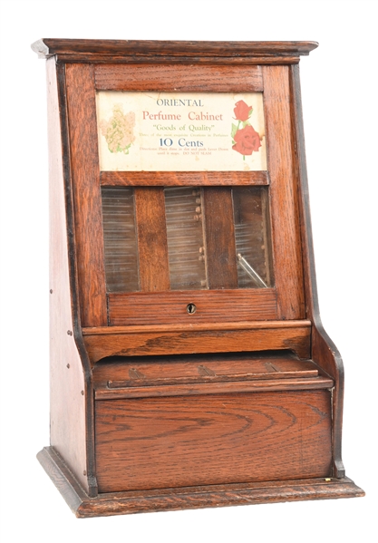 10¢ WOODEN COIN OPERATED ORIENTAL PERFUME DISPENSER CABINET